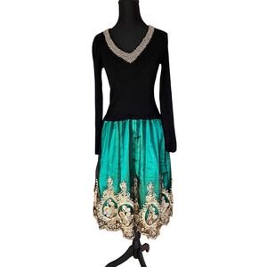Black Beaded Green Gold Jewel Trimmed Dress Size 4 Fairy LARP